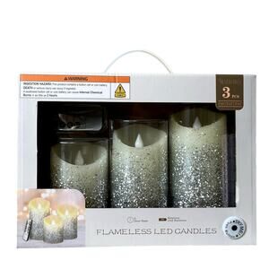 Set of 3 Silver Glitter Flameless LED Candles Battery Operated Holiday Decor NEW